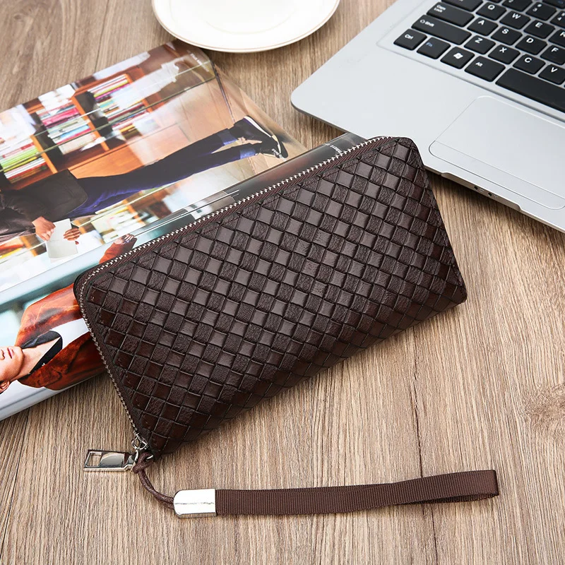 Woven Pattern Purses Men's Long Fashion Business Wallet Large Capacity Handstrap Mobile Phone Clutch