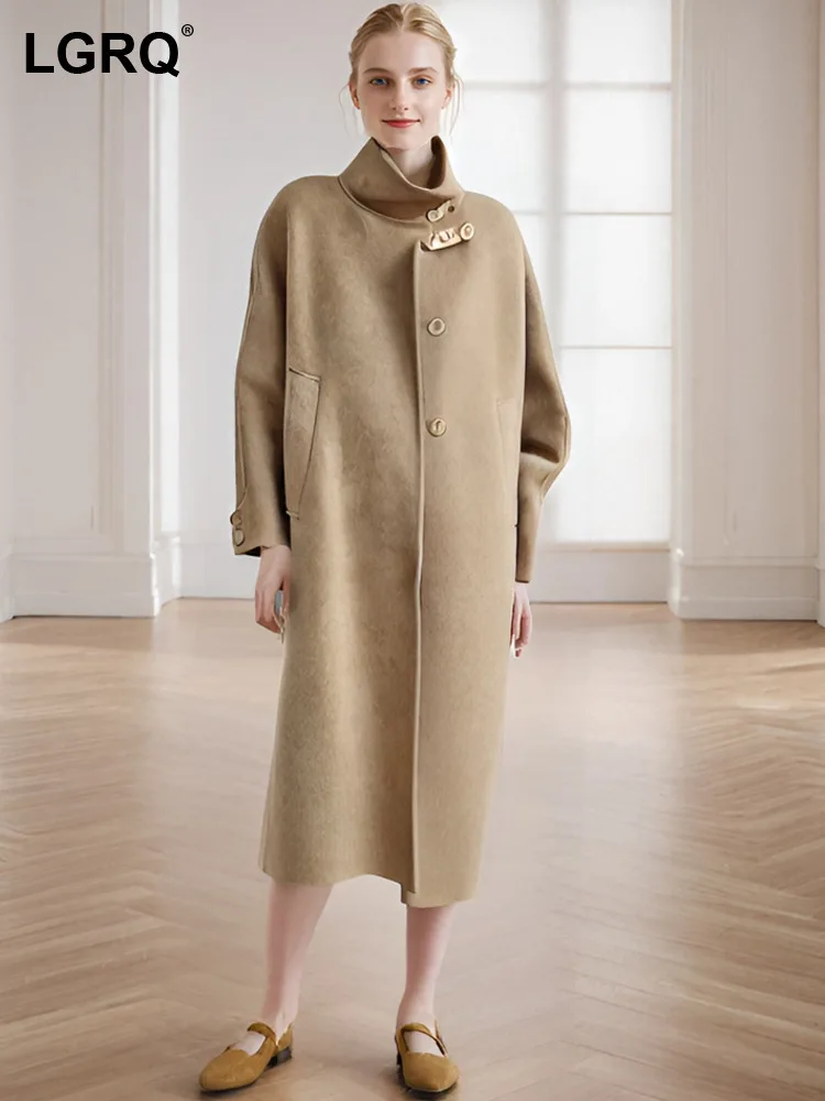 LGRQ офисные женские шерстяные пальто со стойкой для женщин модная длинная верхняя