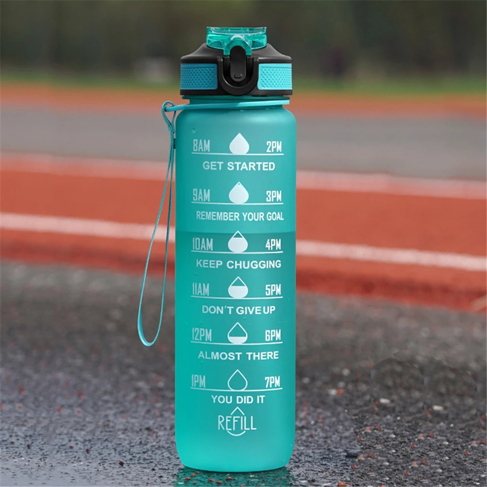 

1000ML Outdoor Sports Water Bottle 32 oz Bounce Cover With Straw & Motivational Time Marker Gradient Frosted Drinkware Cups