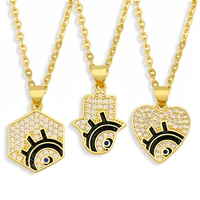 gold plated geometric heart evil eye fatima hand pendant necklace for women pave zircon lucky choker clavicle chain jewelry gift
