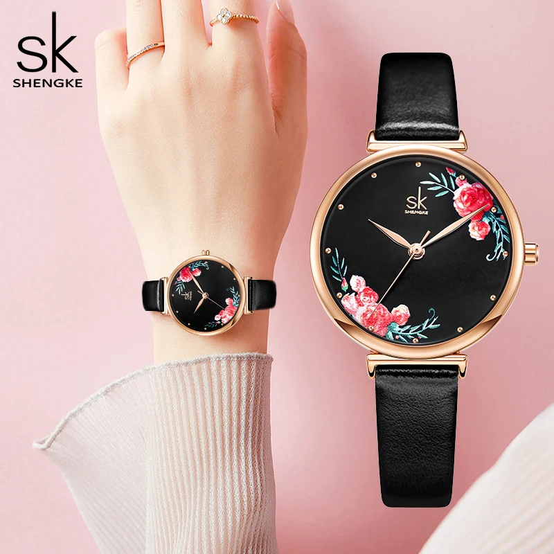 SHENGKE Original Design Women Watches Top Luxury Black Leather Strap Woman Quartz Wristwatches Ladies Clock Relogio Feminino