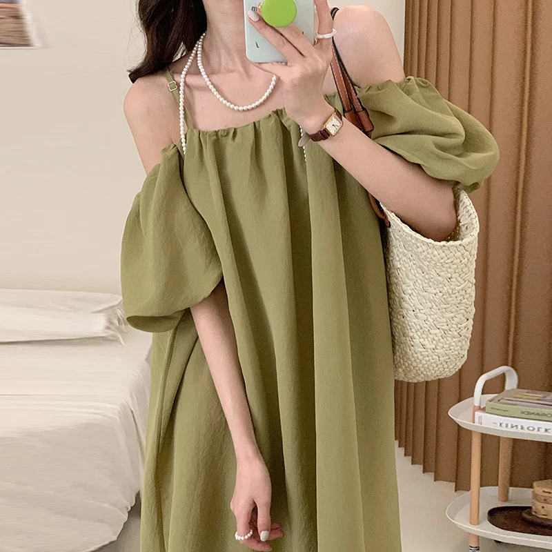 

Женское платье на бретельках SuperAen, корейское Элегантное летнее платье с открытыми плечами, на шнуровке, с рукавами-пузырьками, длинное плат...