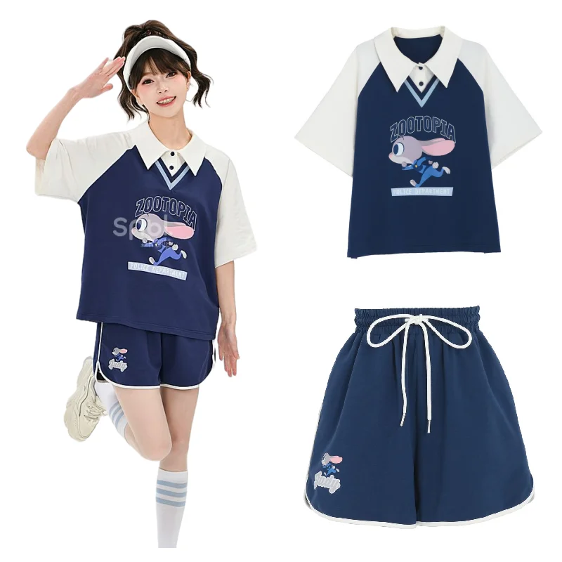 Disney Judy Anime Cute Cartoon Cotton Short-sleeved Shorts Suit Kawaii Summer Sportswear Casual All-match Polo Collar T-shirt