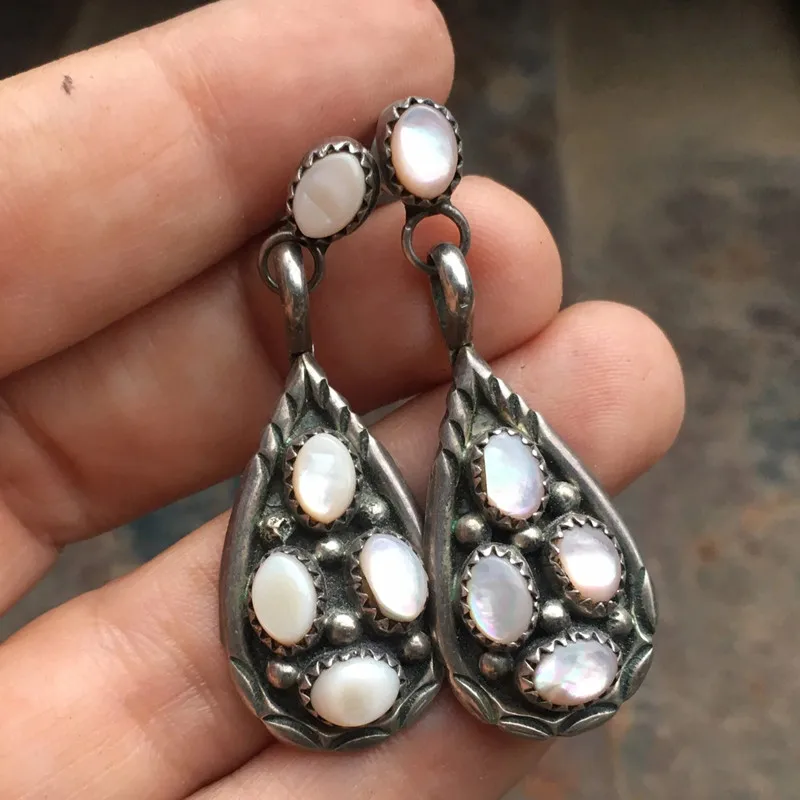 

Antique Metal Moonstone Drop Earrings Set with Four Oval Drop Earrings Women's Jewelry