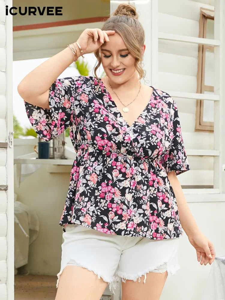 ICURVEE Plus Size 4XL Women Summer Tunic Tops 2022 Fashion Sexy V Neck Floral Printed Bohemian Blouses Elegant Half Sleeve Shirt