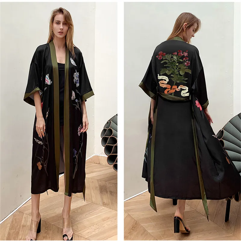 Soft Floral Robes Women Long Bathrobe Satin Kimono Bath Robe Sleepwear Dressing Gown Female Nightwear Home Wear Clothes