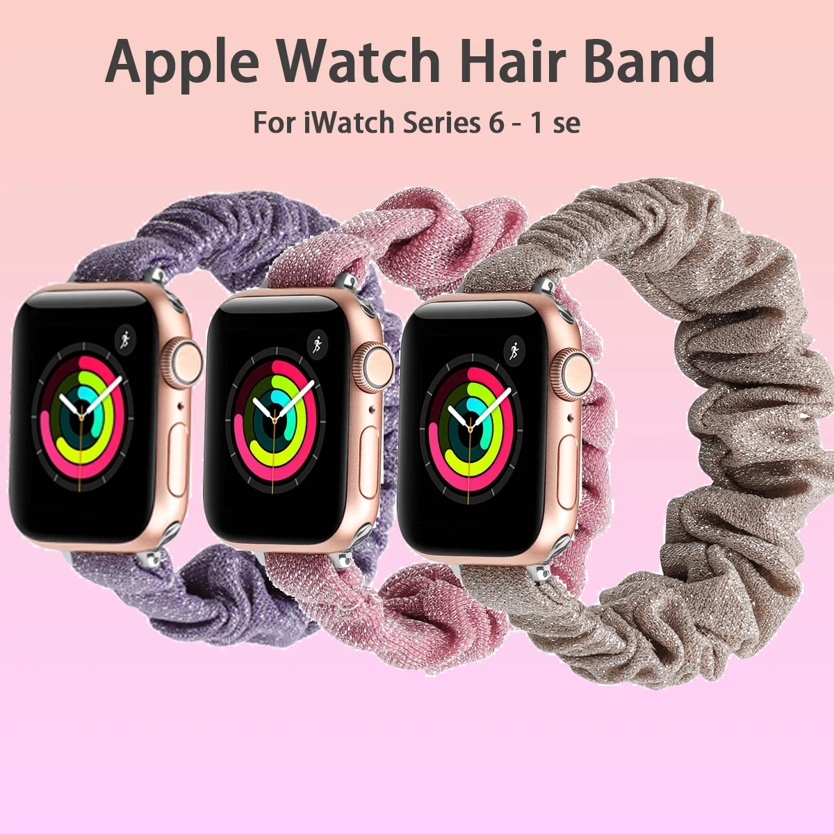 Enlarge Elastic Hair Band Strap for Apple Watch 14mm Band for Women 3-Piece Set for iWatch Bands Series 6 5 4 3 2 1 SE 44mm 40 42 38mm