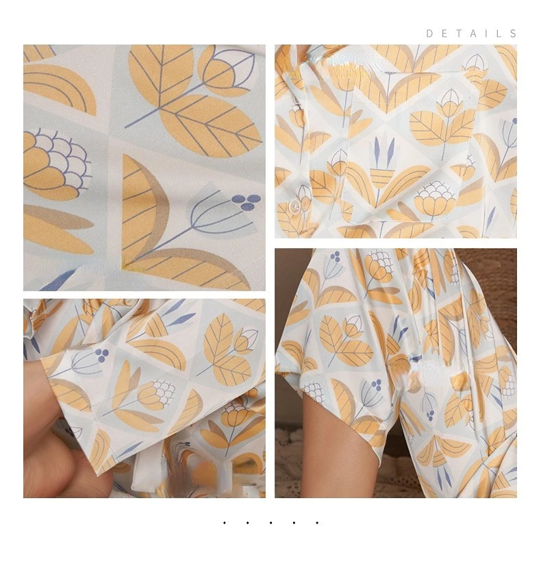 Women's 2 Piece Pajama Set Lapel Kapok Flowers Pijama Ice Silk Pyjama Pocket Sleepwear Long Sleeve Buttoned Shirt Pants Homewear