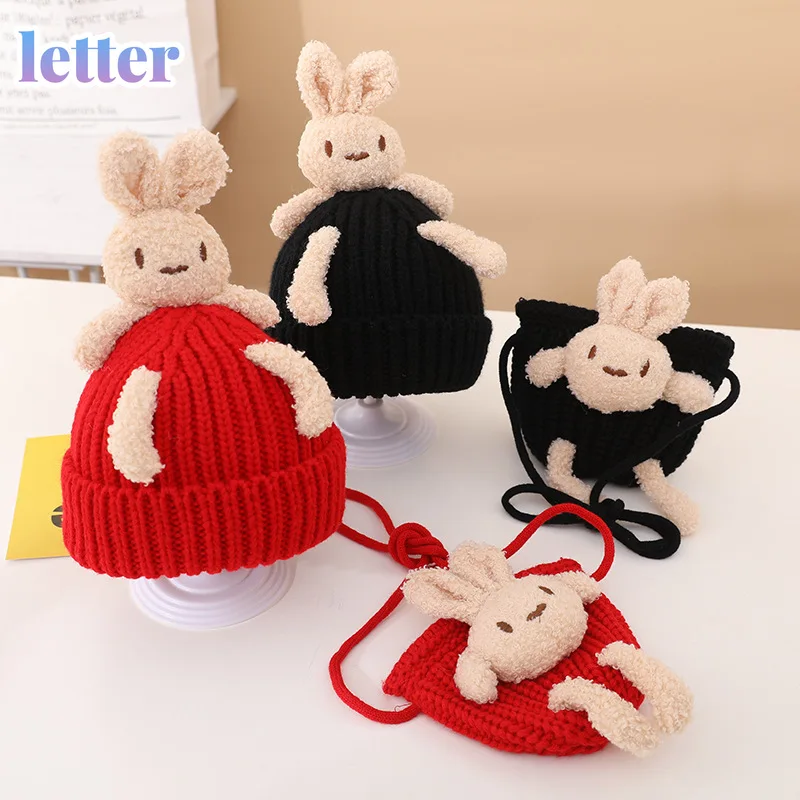 

New Cartoon 3D Little Bunny Wool Cap + Bag Set Children Hat Little Girl Baby Knitting Basin Hat Baby Pullover Hat 2-7year-old