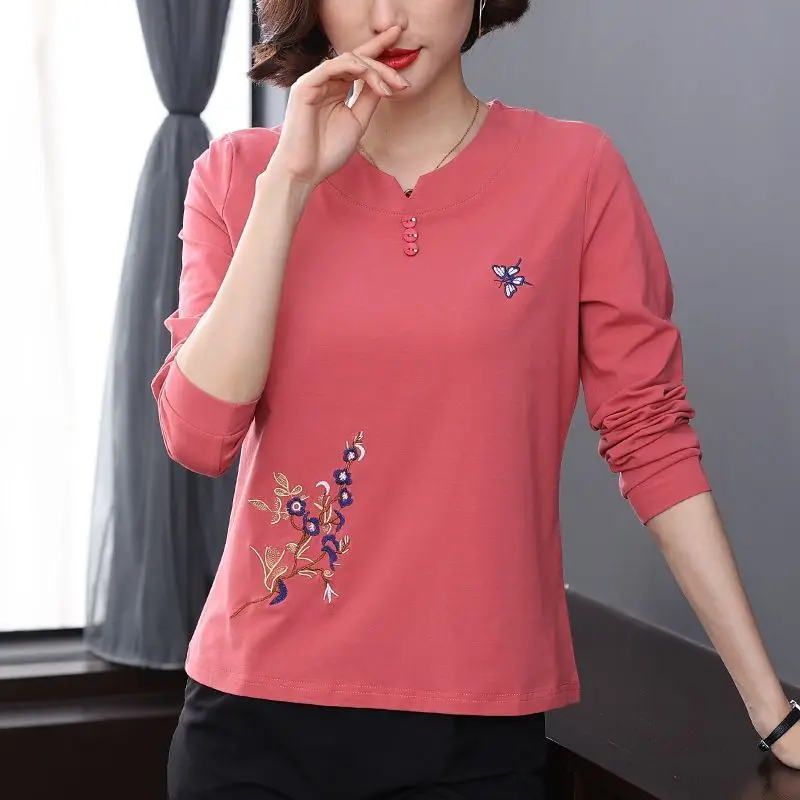 

2023 винтажная хлопковая Футболка с V-образным вырезом, Женская Весенняя Модная рубашка с длинным рукавом, женская футболка, свободные женские рубашки в Корейском стиле Q383