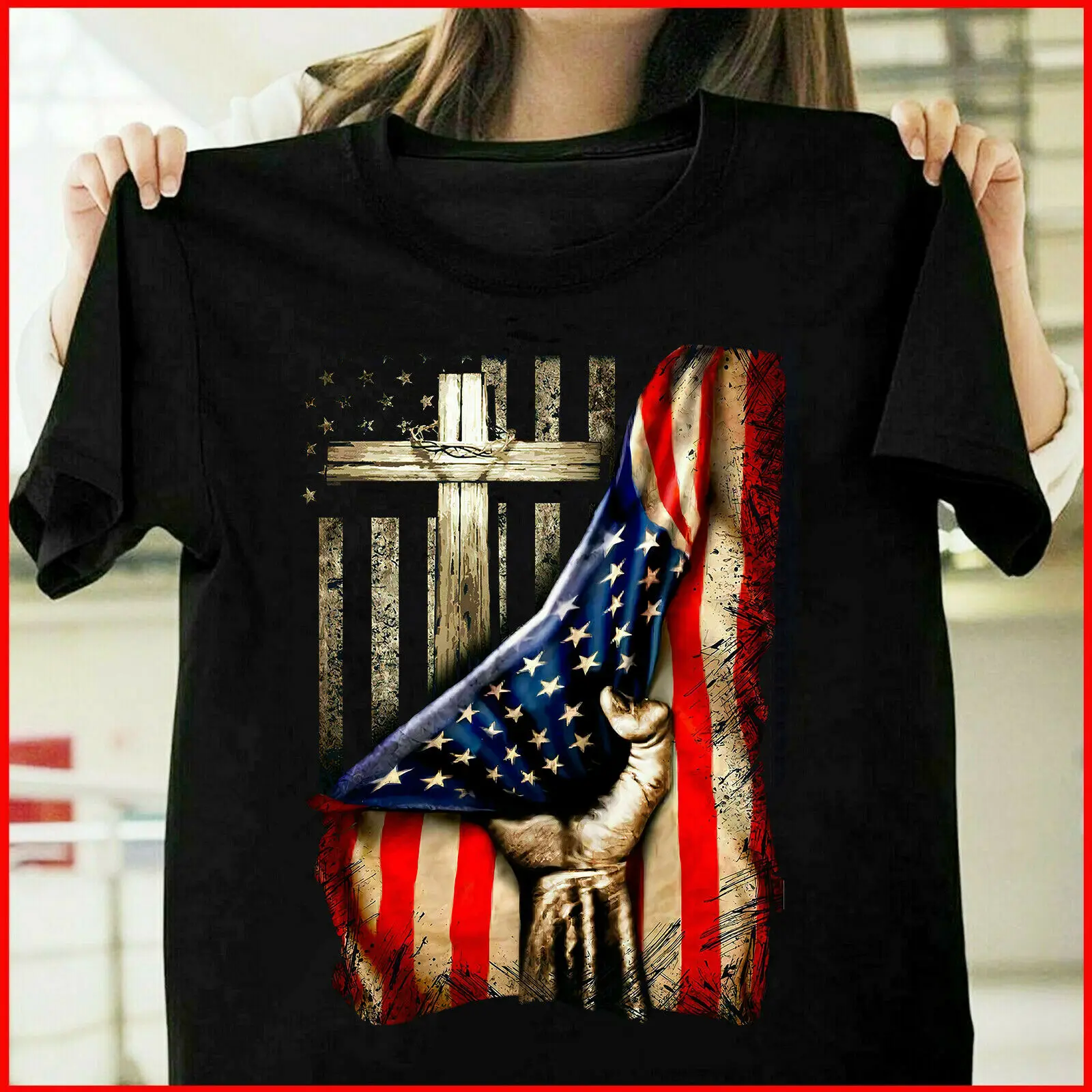 

Christian Cross American Flag Patriotic Men UNISEX T SHIRT SIZE S_3XL