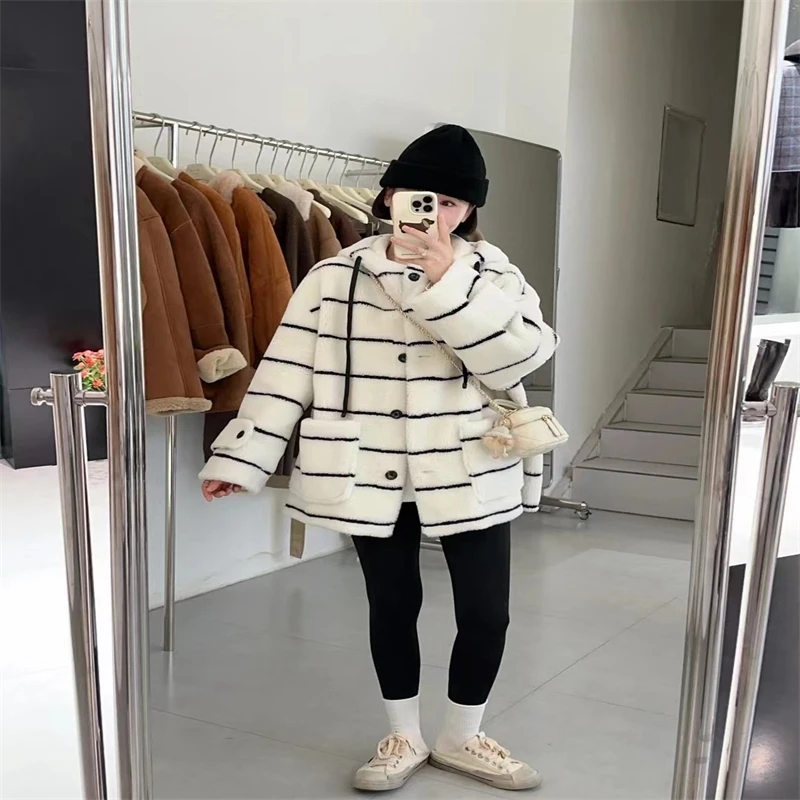 Новый полосатый свободный кардиган с длинными рукавами и капюшоном женская мода