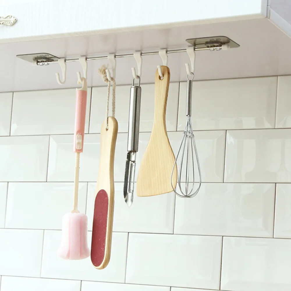 

Stainless Steel 6 Hook Pantry Storage Shelf Wardrobe Towel Rack Kitchen Storage Rack Towels Hanger For Home Organizer