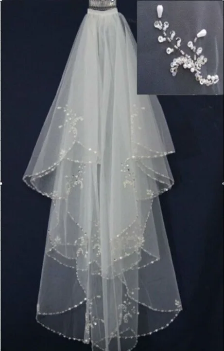 

White Ivory Bridal Veils 2 layers With Comb Beads Edge Blusher Wedding Veil Wedding Accessories Veu de Noiva Bride Veu