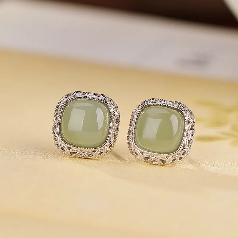 

S925 Silver Nephrite Square Stud Earrings for Women, Lucky Hollowed Design, Exquisite and Elegant