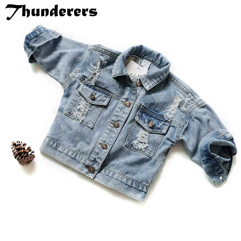 Thunderers Spring Autumn Kids Jacket For Girls Ripped Holes Children Jeans Coats Boys Girls Demin Outerwear Costume 24M-7Y
