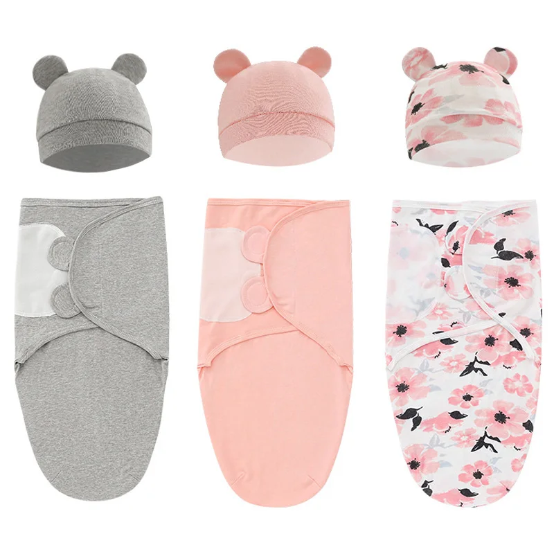 

2PCS Cotton Newborn Sleepsack Baby Swaddle Blanket Wrap Hat Set Infant Adjustable New Born Sleeping Bag Muslin Blankets Toalhas