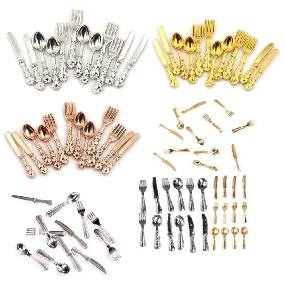 

12PCS Toy Dollhouse Furniture Gold Silver 1:12 Scale Simulation Mini Cutlery Doll Accessory Fork Knife Spoon Miniature Cookware