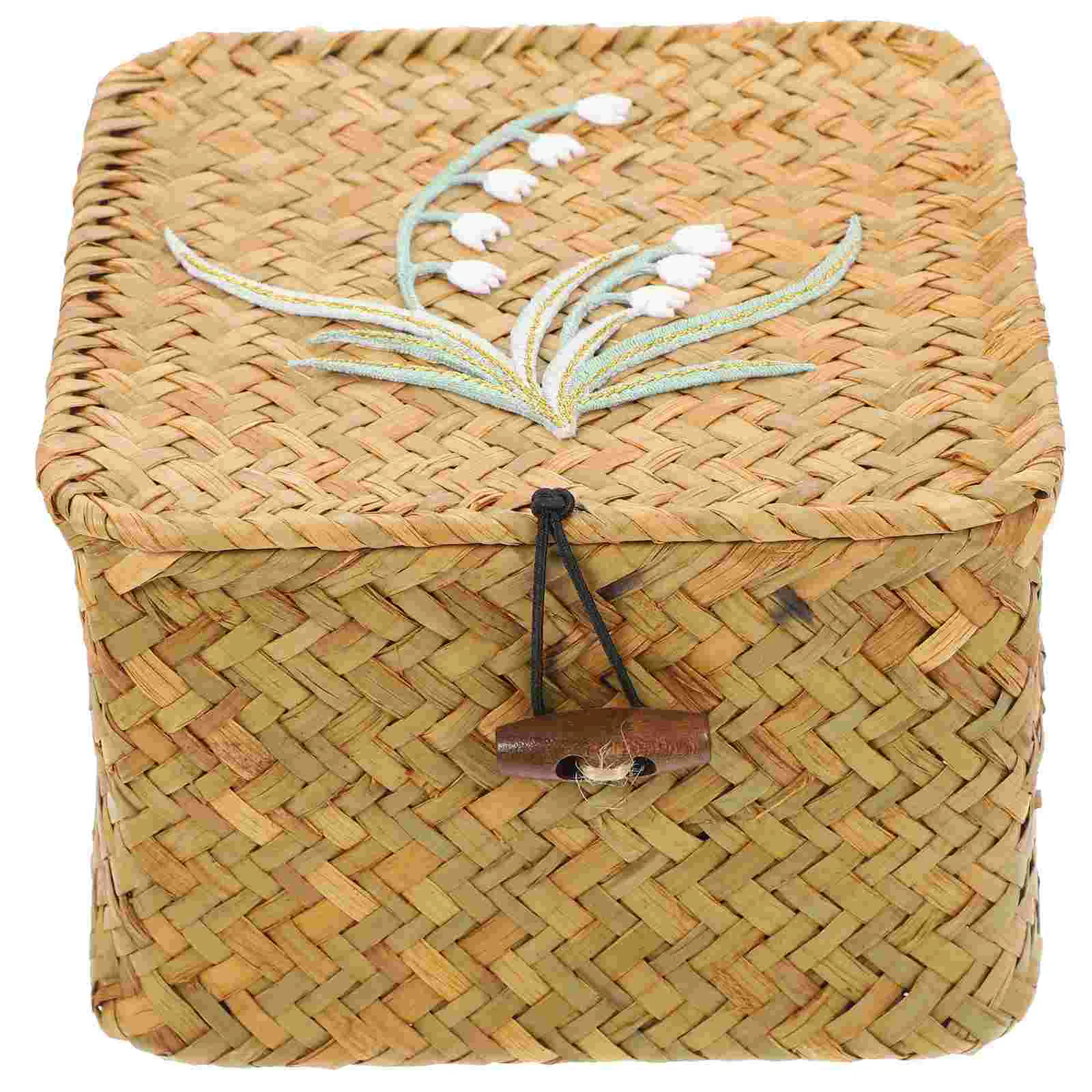 

Straw Embroidery Gift Box Laundry Basket Woven Lidded Organizer Cover Storage Case Container Snack Makeup Iron Sundry Desktop