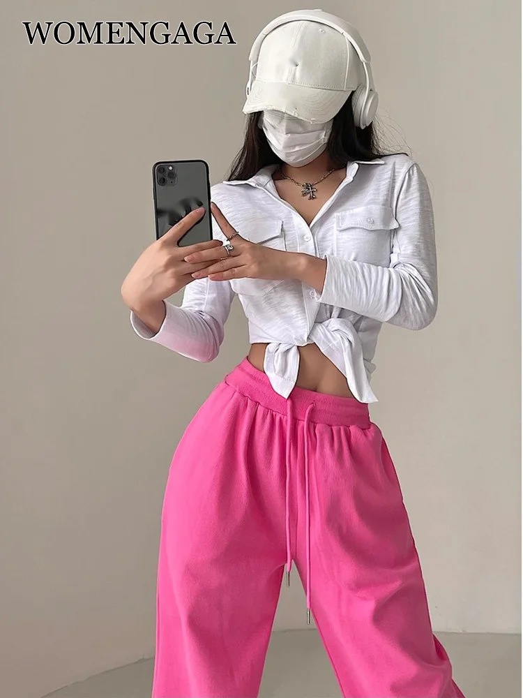 

Girl WOMENGAGA Spice Fashion Double Pocket Single Breasted Slim V Neck Shirt Long Sleeve T-shirt Top Blouse Tops Korean PPA3
