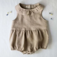 cotton and linen newborn romper solid color sleeveless lotus leaf collar baby jumpsuit for men and women