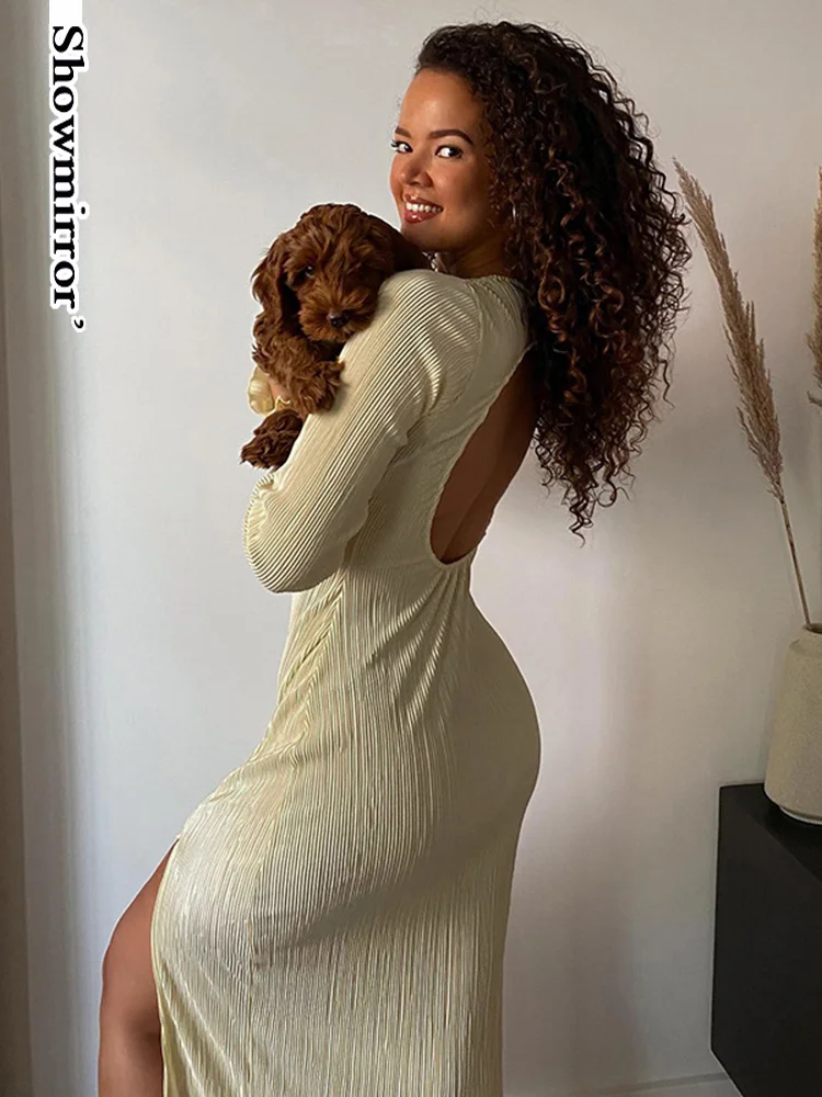 

Женское длинное платье с драпировкой, с открытой спиной и длинным рукавом