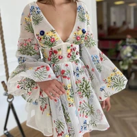 new brand mesh wildflowers mini dress embroidery cute lantern sleeve v neck sexy short skirt 2021 spring women