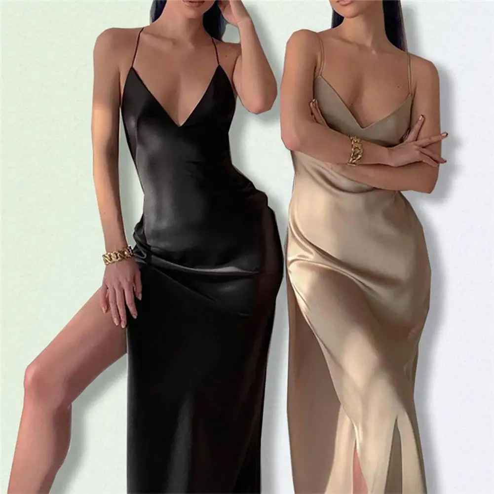 

Women Slit Dress Solid Color Sexy Backless Deep V-neck Sleeveless Spaghetti Strap Long Skirt