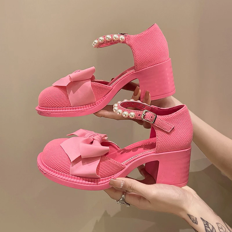 

Женские босоножки Лолита на высоком каблуке с бусинами и бантом, соблазнительные туфли-лодочки на массивном каблуке, летняя женская обувь, новинка 2023