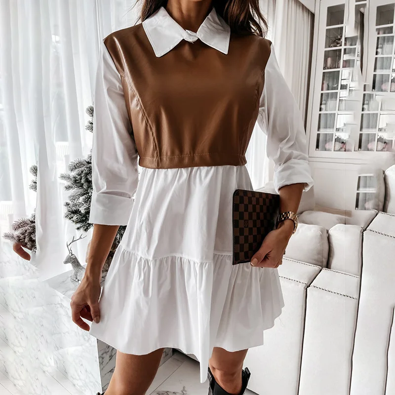 

Casual Long Sleeve Mini Shirt Dess for Women White 2021 Spring PU Patwork Plaid Woman Dresses Clothing Femme Robe