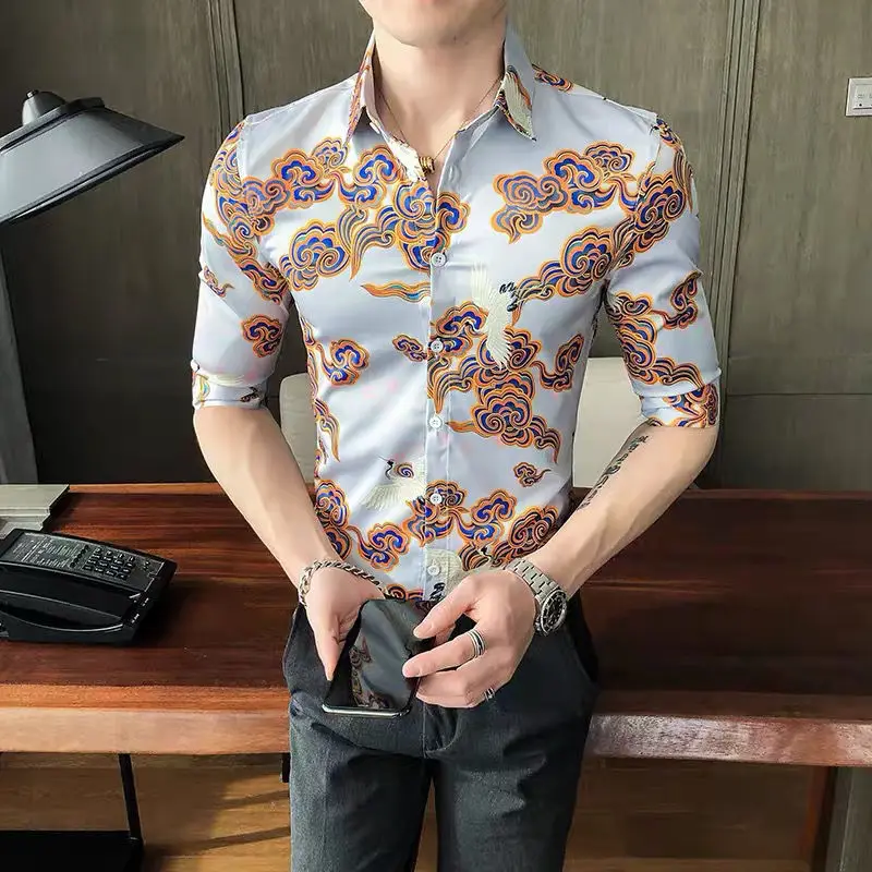 Spring and summer slim flying crane printed short sleeve shirt men's high sense seven sleeve Korean casual handsome shirt