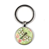 le cute rose butterfly keychain dragonfly convex round glass keychain exquisite fashion bag car key chain