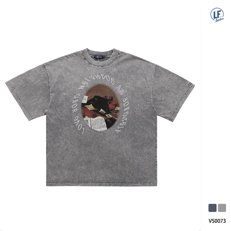 

2023 Summer New National Tide Men's Retro Wash Harajuku Printed Short-sleeved T-shirt Men High Street Hip-hop Loose Top Cotton