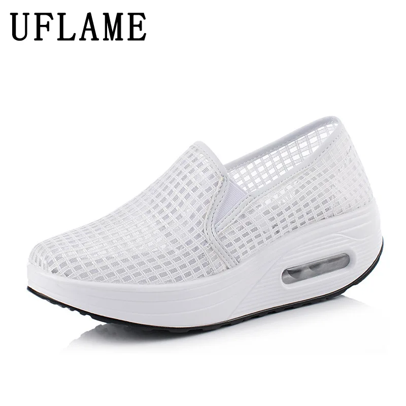 

Fashion Mesh Lace Women Loafers Slip-on Hollow Plaid Weave Shoes 4.5cm Platform Pumps Ladies Comfortable Air Cushion Casual Shoe