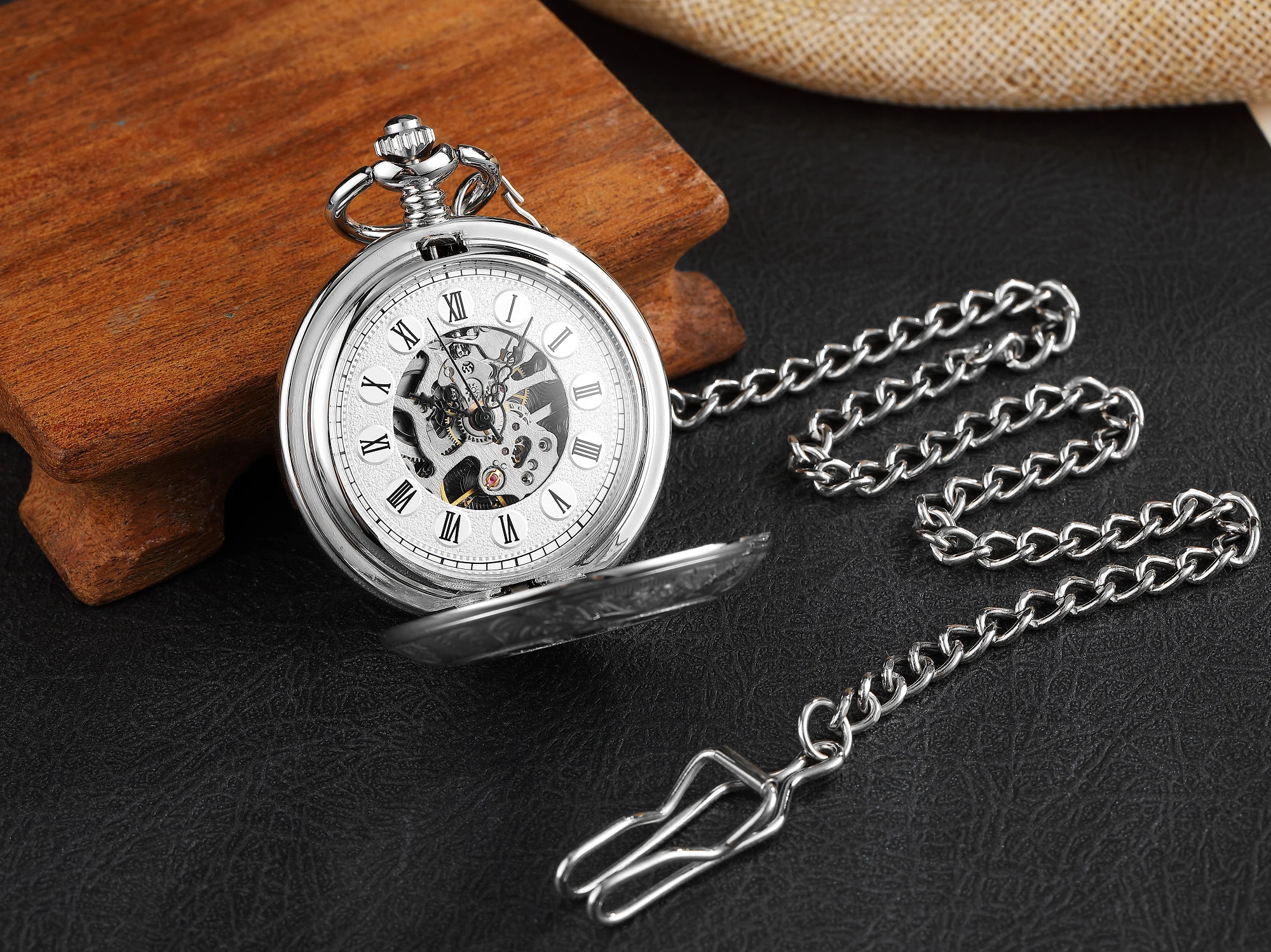 Full Silver Antique Steampunk Vintage Roman Numerals Automatic Mechanical Pocket Watch Necklace Retro Clock Chain Reloj Hombre