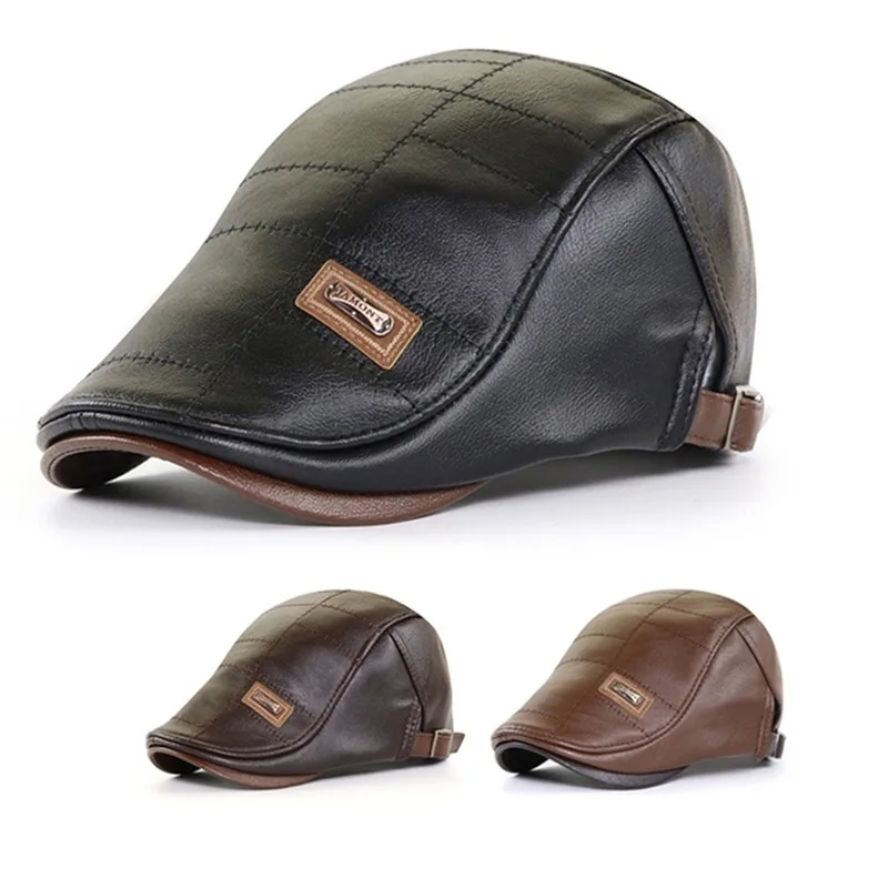 

Leather Newsboy Cap Men Berets Duckbill Visor Hat Winter Autumn Windproof Flat Caps Retro England Hat Men Peaked Painter Caps