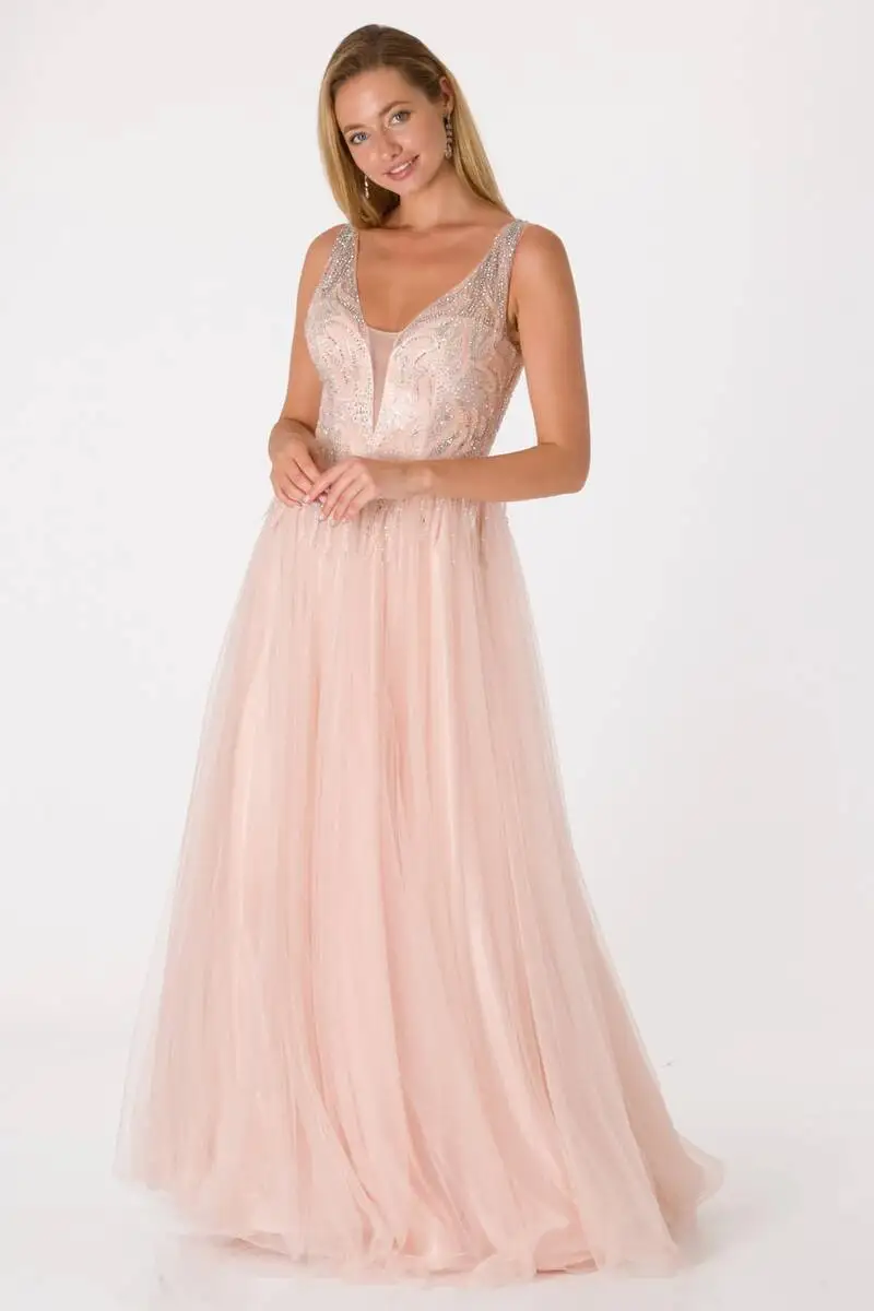 

Brilliant Cubic Zirconia Back Low-Cut Evening Dress Powder Lavinia