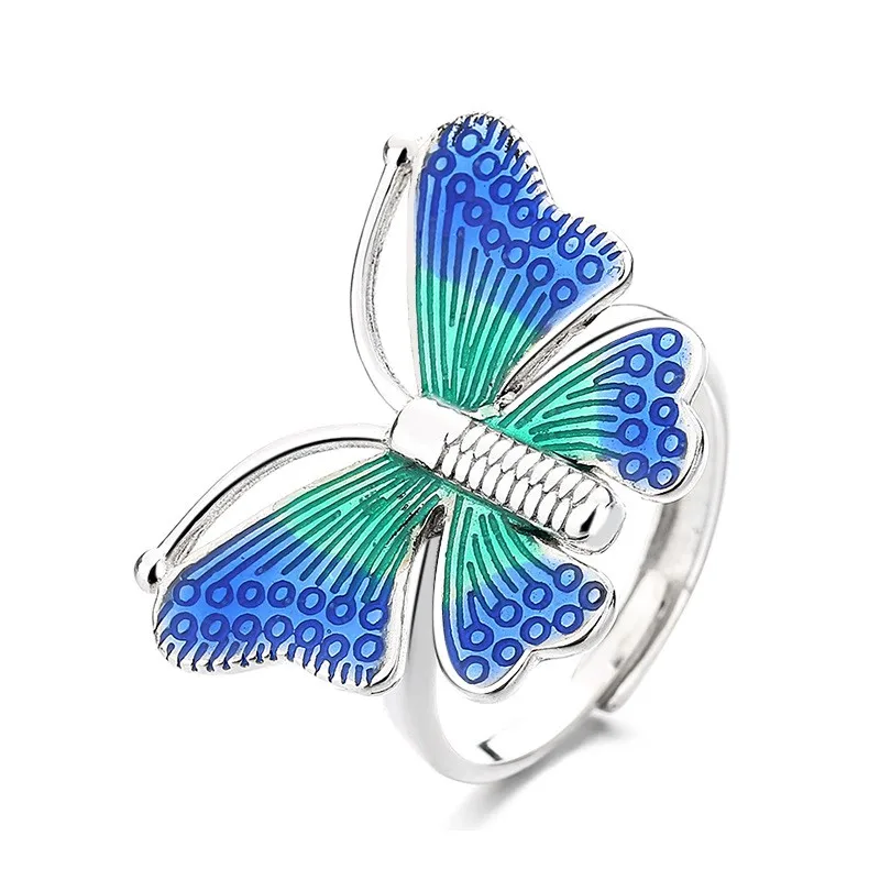 

747JMZFSILVER Silver 925 Fashion Trend Adjustable Retro Creative Lovely Elegant Glaze Color Butterfly Ring Women Wedding Jewelry