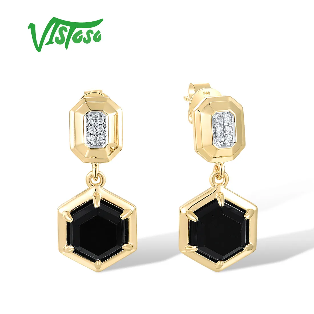 

VISTOSO Gold Earrings For Women Real 14K 585 Yellow Gold Hexagon Black Agate Sparkling Diamonds Party Gift Trendy Fine Jewelry