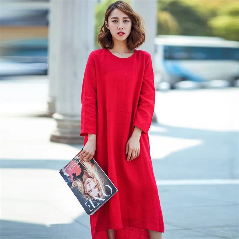 

Red Green Black Navy blue Long Sleeves Women cotton Dress 2022 Casual Loose Streetwear Dress O-neck Irregular Vestido