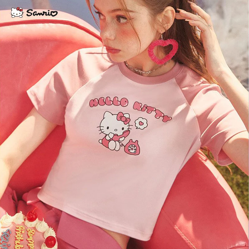 

Summer Women Sweet Sexy Crop Top Fashion Hello Kitty Sanrio Cartoon Y2K Vintage Slim Elastic Skinny Short Sleeve T-shirt 2023