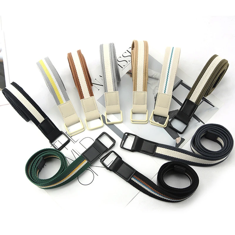 

2022 Striped Canvas Belt Stitching Color Jeans Trousers Waistband Weaving Waist Belt Metal Double Ring Buckle Waist Strap Decor