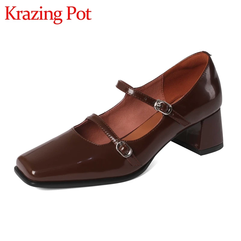 

Krazing pot cow split leather square toe high heels retro fashion young lady daily wear buckle strap comfortable women pumps L18