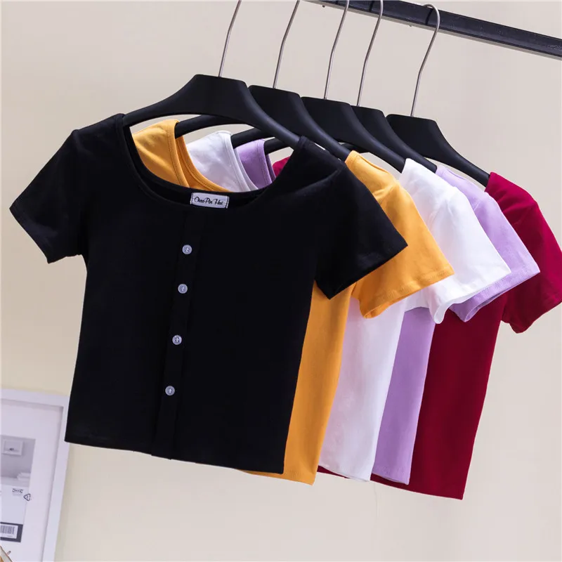 

Solid Color Navel T-shirt Women's Summer Navel Bottoming Shirt Short Sleeve Collarbone Button Square Collar High Waist Girl Top