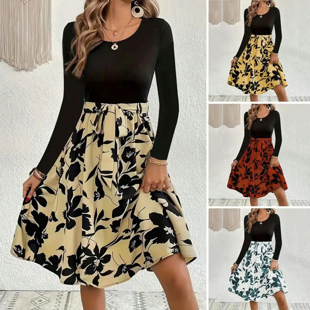 

2023 European and American style flower print color matching short sleeved dress for women's large swing skirt