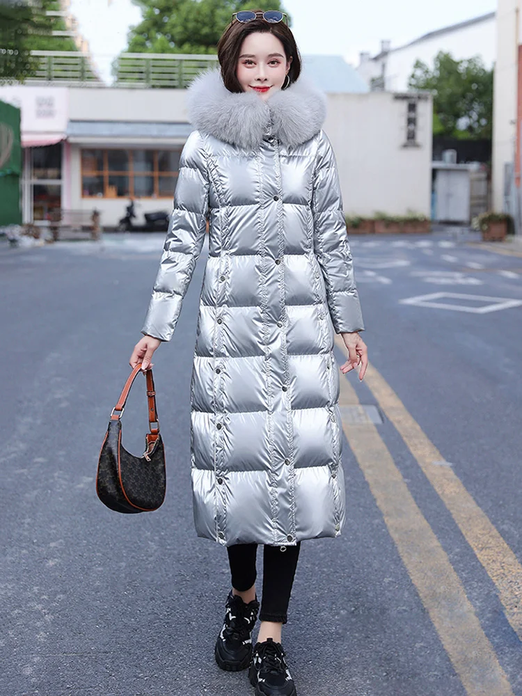 New Women Wash Free Glossy Surface Down Coat Fashion Hooded Real Fox Fur Collar Thicken Warm Down Jacket Loose Long Outerwear