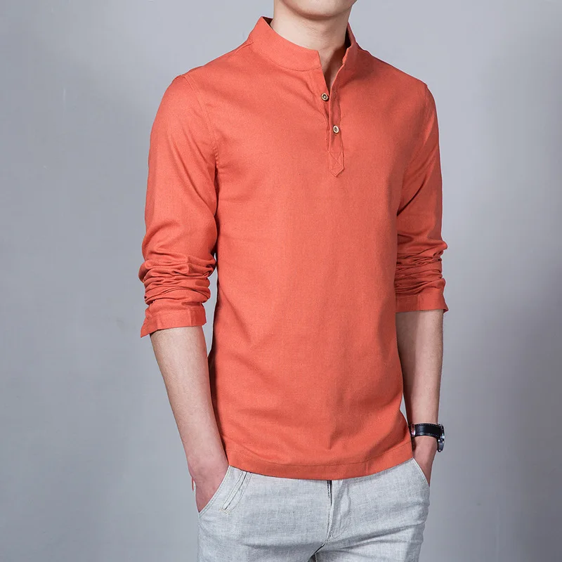 Mattswag Mens Cotton Linen Stand Collar Long Sleeve T Shirt Spring Autumn Solid Color Fashion Men's Clothing Casual Camisa Homme