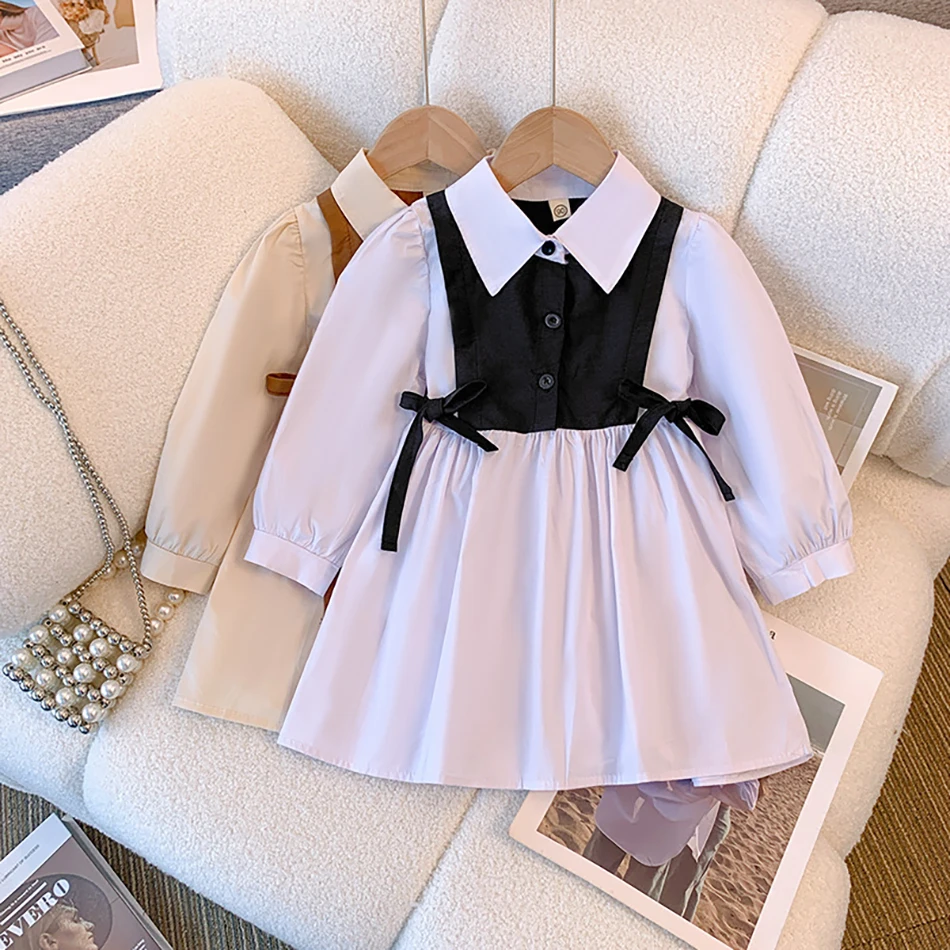 na moda jesienna dla małej dziewczynki z długim rękawem i kokardką kołnierzykiem swobodna koszula sukienka dzieci elegancki formalny strój