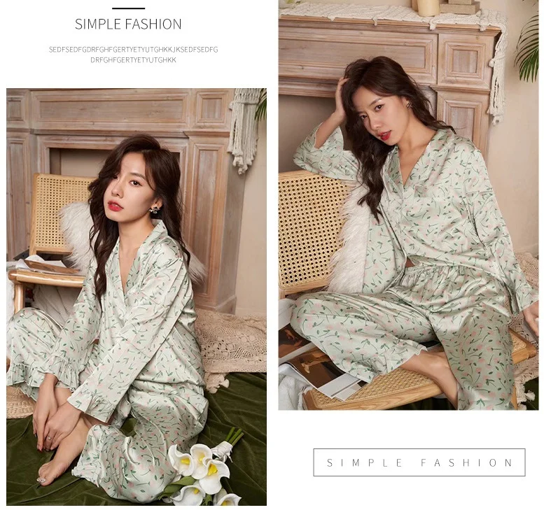 Pajamas women's simulation silk long-sleeved cardigan two-piece suit printed home clothes sleepwear nighty cloth tops+ trouser