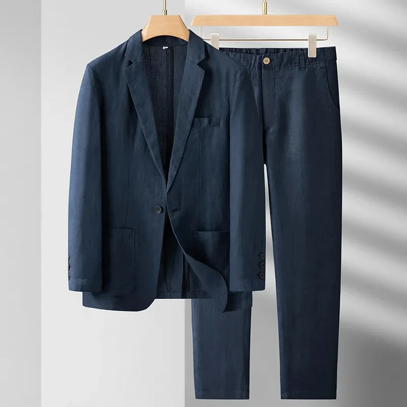 

Men's linen jacket set, casual wear, suit, pants, Harajuku, loose fitting, 2-piece set, urban fashion, spring